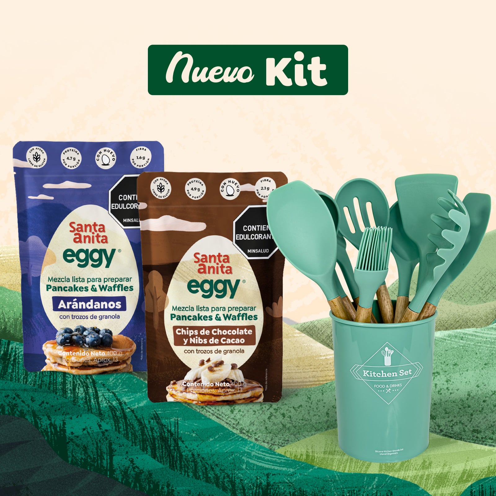 Kit Set de Utensilios (12 piezas) + 2 Mezclas con proteína para Pancakes & Waffles