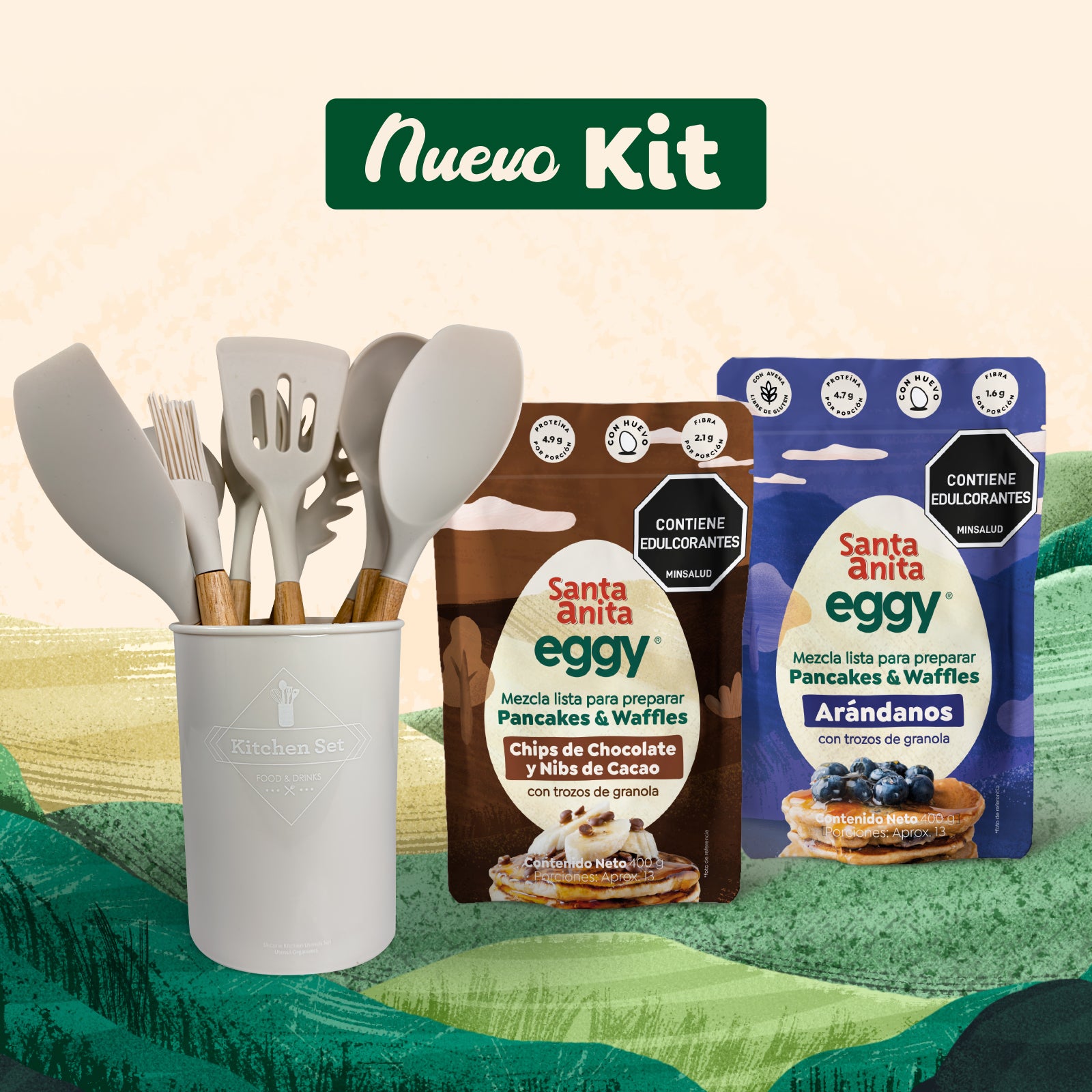 Kit Set de Utensilios (12 piezas) + 2 Mezclas con proteína para Pancakes & Waffles