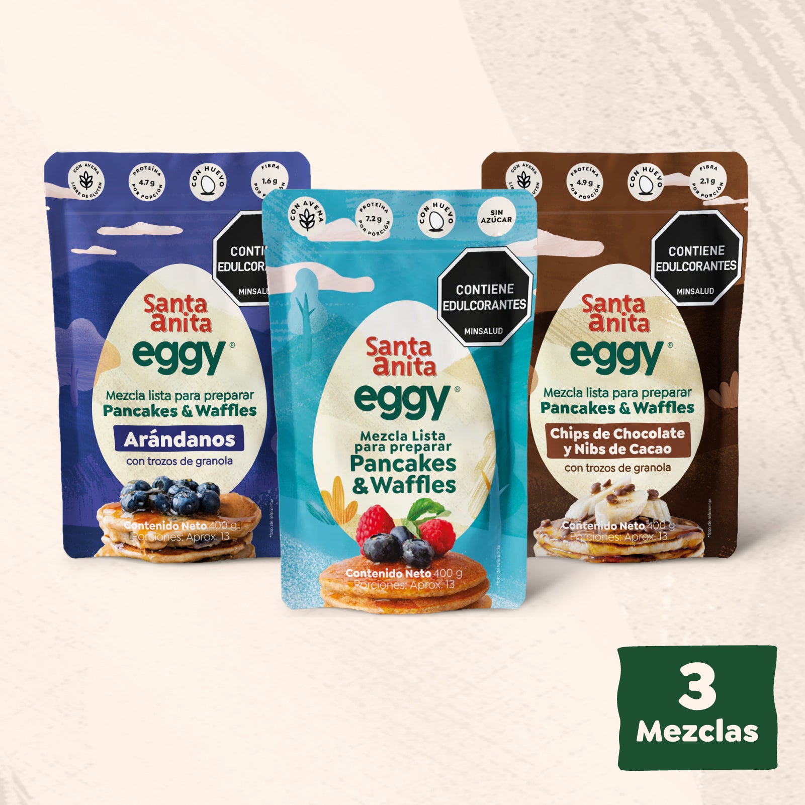 Combo 3 Mezclas listas para preparar Pancakes y Waffles Santa Anita Eggy