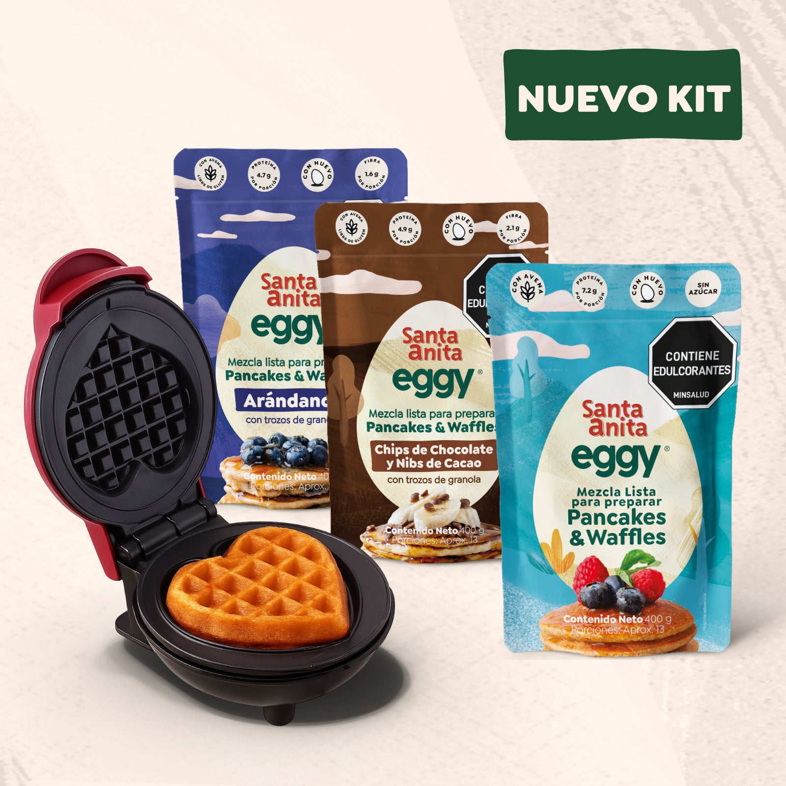 Kit Wafflera corazón + 3 Mezclas con proteína para Pancakes & Waffles
